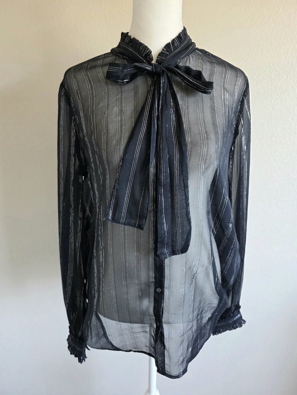 Scotch & Soda Maison Scotch Blouse Sheer Navy Silver Stripe Bow Neck Size M NEW